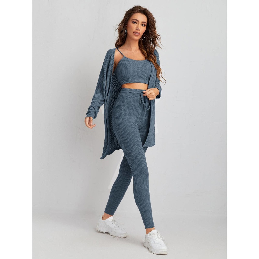 3 piece set: Waffle Knit Tank Top & Leggings & Coat cardigan mauve - Picture 10 of 11